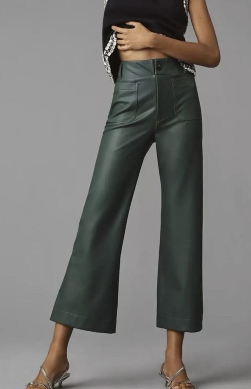 Maeve The Collette Faux Leather Green Wide Leg Cropped Pants Size 30